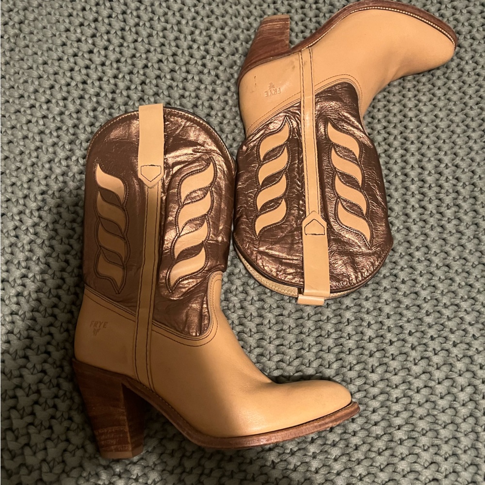 Frye Two-Tone Tan and Bronze Heeled Cowboy Boots
